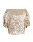 Gold crinkled silk top with puff sleeves and straight neckline, Rachel Comey Filly Top, shimmering finish.