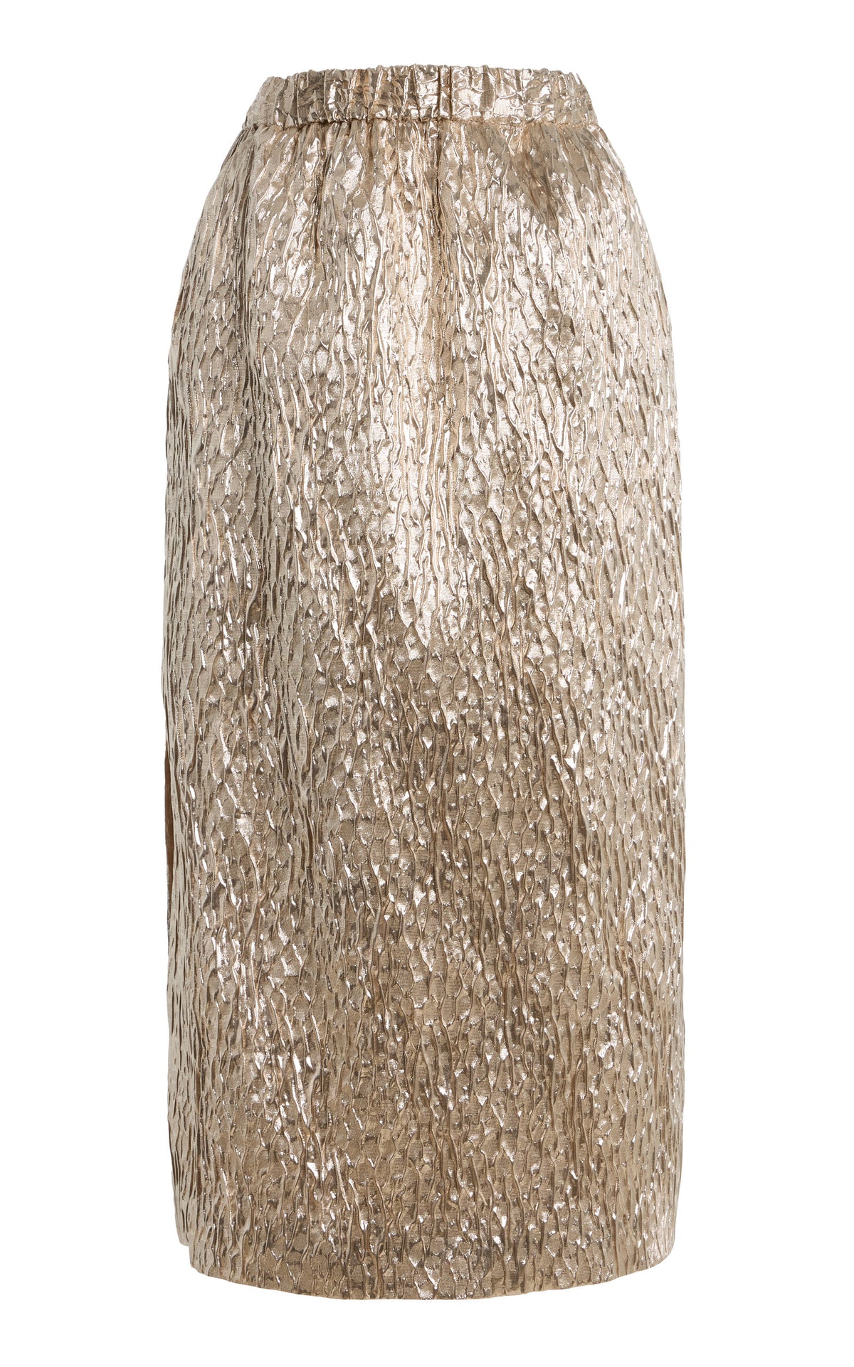 High-waisted gold metallic crinkled silk skirt by Rachel Comey with textured finish on a white background.