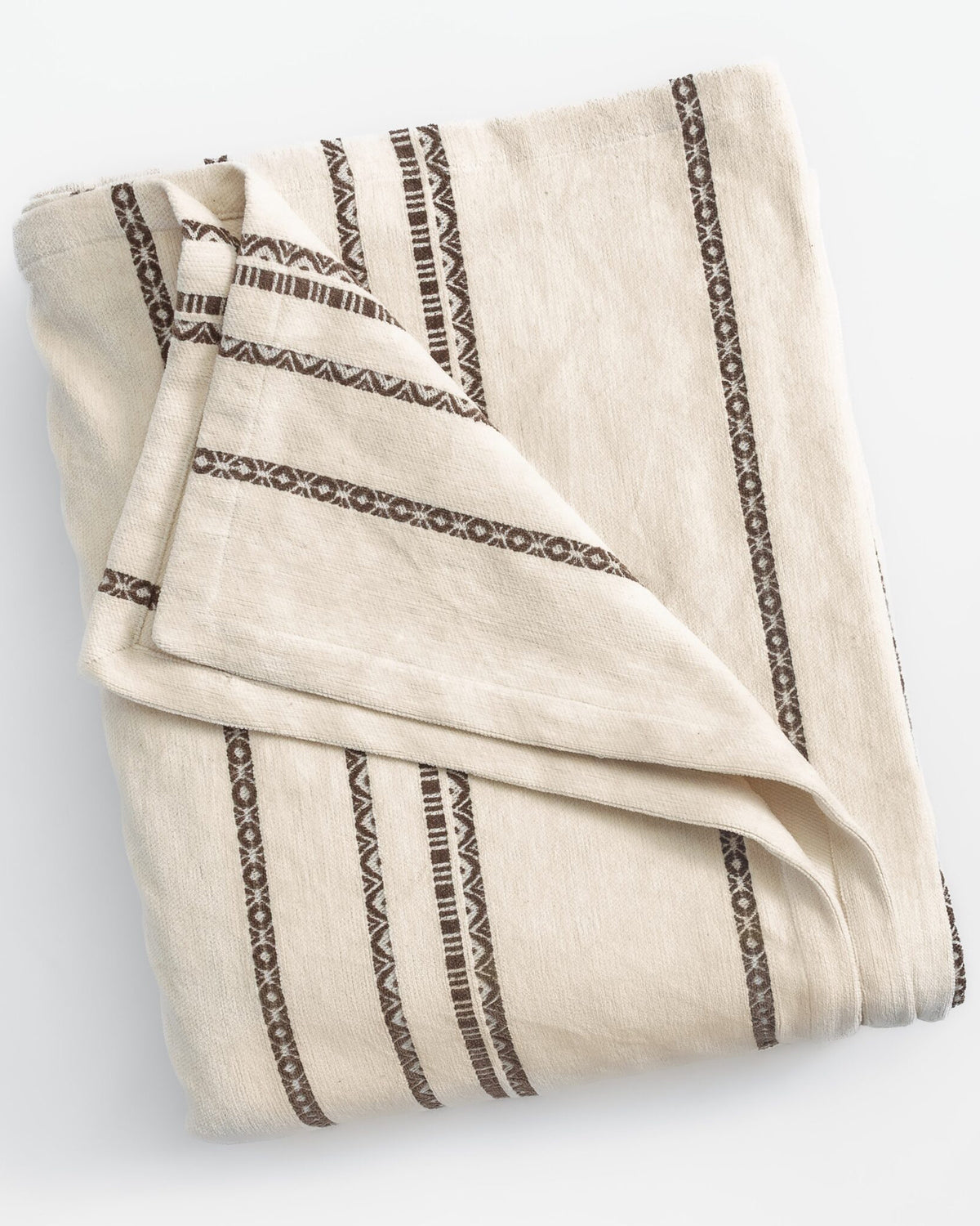 Cream chenille coverlet with brown geometric stripes by Amity Home, Larkin collection, on a white background.