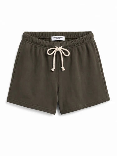 Olive green French terry lounge shorts with white drawstring, Perfectwhitetee Layla Terry Short, casual loungewear.