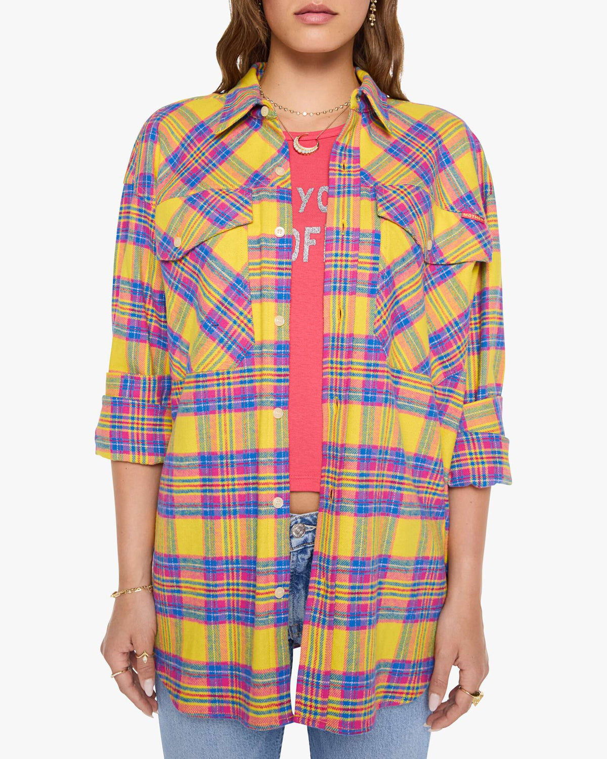 Lazy Sunday oversized plaid button-up worn over a pink graphic t-shirt and blue jeans.