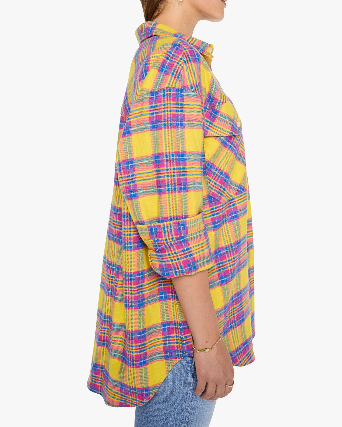 Oversized yellow, pink, and blue plaid cotton flannel shirt, The Lazy Sunday, from Bungalow Furniture &amp; Accessories.
