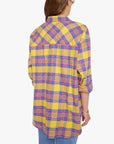 The Lazy Sunday oversized yellow plaid cotton flannel button-up with pink and blue accents from Bungalow.