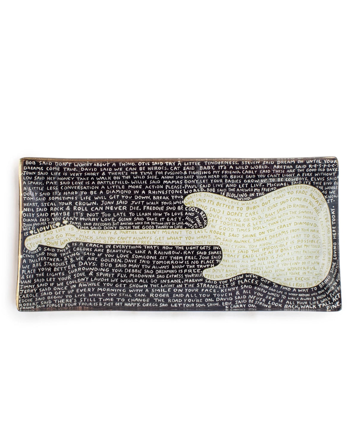 The Sugarboo Designs Legends Rectangle Plate features a black background with handwritten white and yellow text forming a guitar outline—perfect as a unique jewelry holder or for displaying decorative plates.