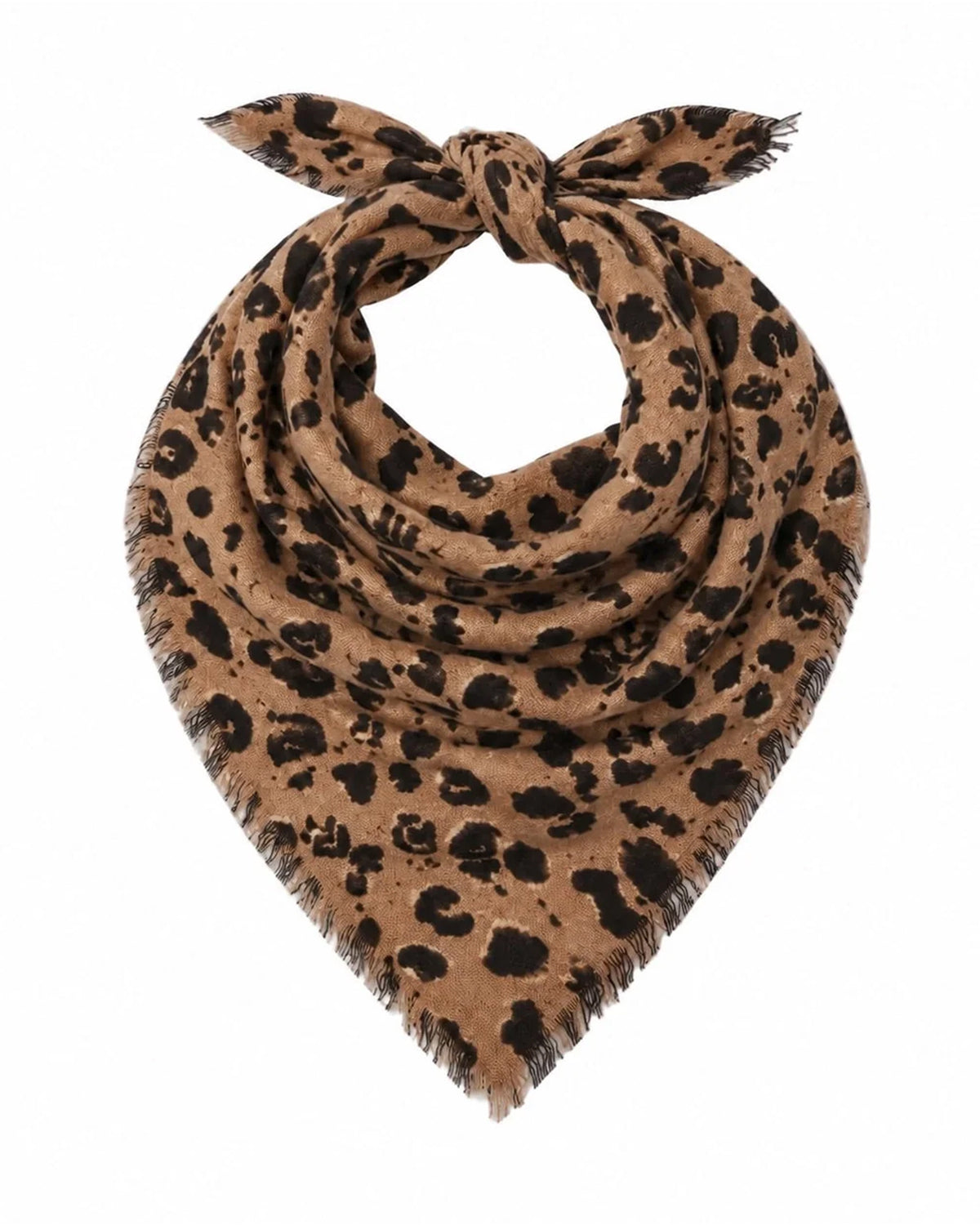 Brown and black cheetah print bandana scarf with knot detail and frayed edges by Kerri Rosenthal, cashmere.