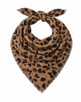 Brown and black cheetah print bandana scarf with knot detail and frayed edges by Kerri Rosenthal, cashmere.