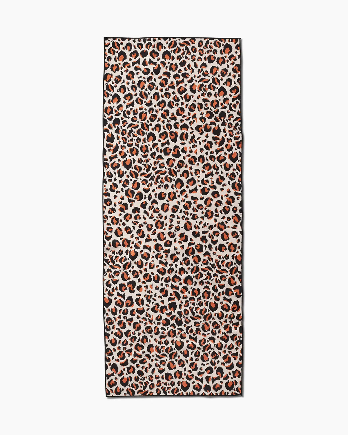 The Faire Leopard Yoga Towel features a rectangular design with an orange, brown, and black leopard print on a light background and a thin black border. Made from ultra-absorbent material, it combines style and comfort for your yoga sessions.