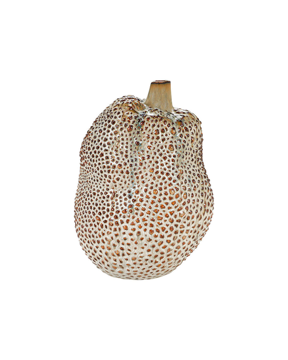 A single soursop fruit sits upright next to The Import Collection’s 20-676 Leston Small Vase, creating a unique rustic decor accent against a plain white background.