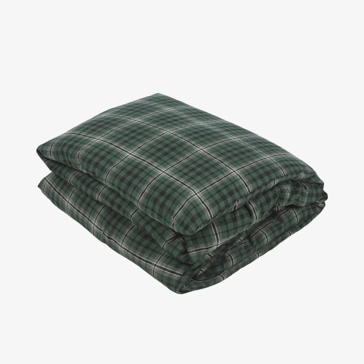 Green plaid duvet cover by Libeco Home, neatly folded on a white background.