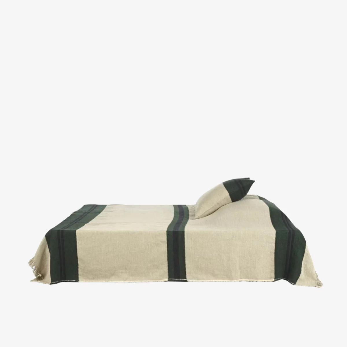 Libeco Home Omaha Stripe Coverlet in beige with dark green stripes, European flax linen, on a modern bed.