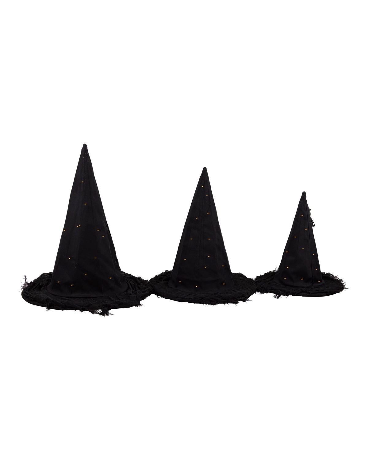 Set of three black witch hats with gold dots, battery powered lights, Bungalow Furniture & Accessories Halloween decor.