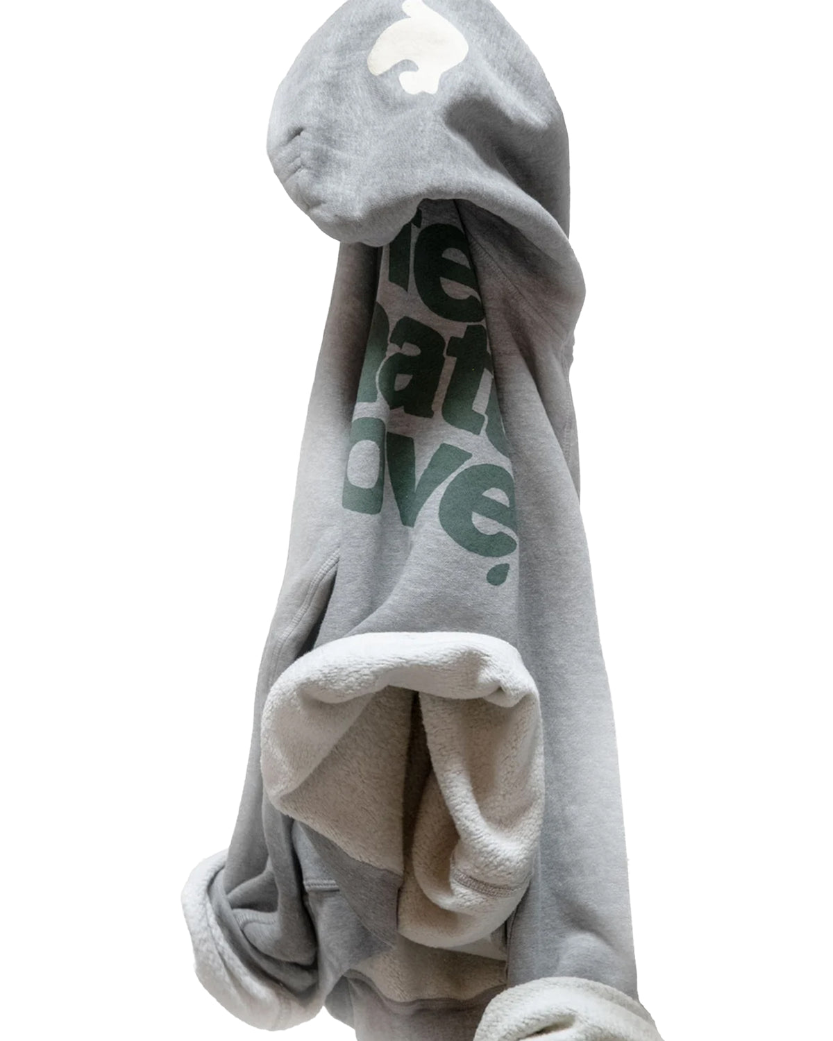 Gray Free City pullover hoodie with green text and white lining, draped on a hook.