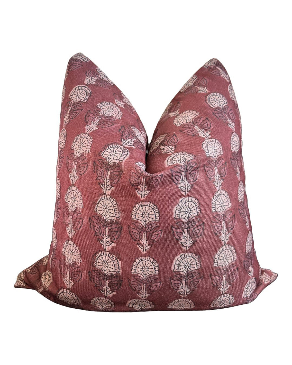 Pink pillow with white floral pattern, 22x22in, by Bungalow Furniture & Accessories, displayed on white background.