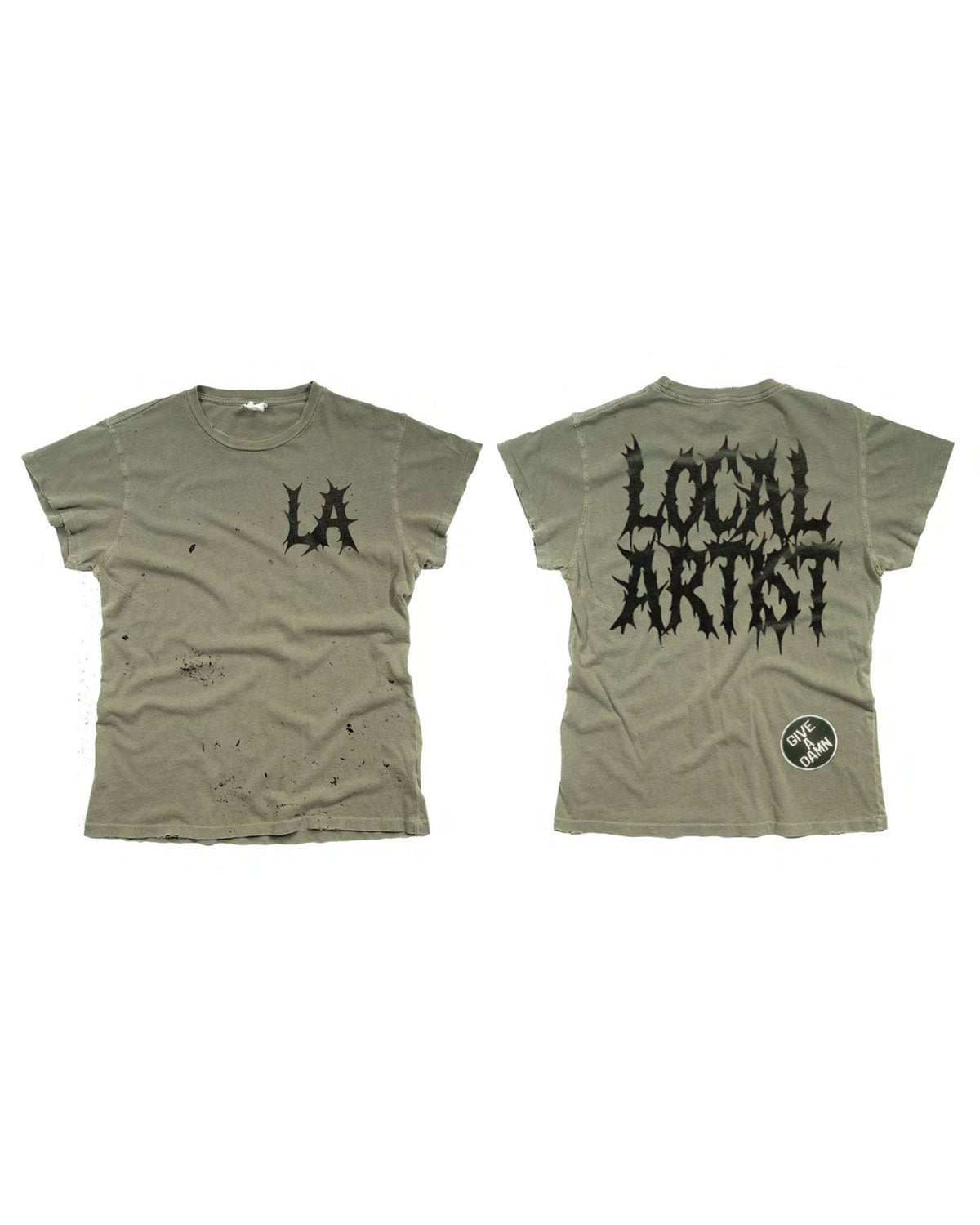 Olive cropped tee with black LA on front, Local Artist on back, paint splatter distressing by Made Worn.