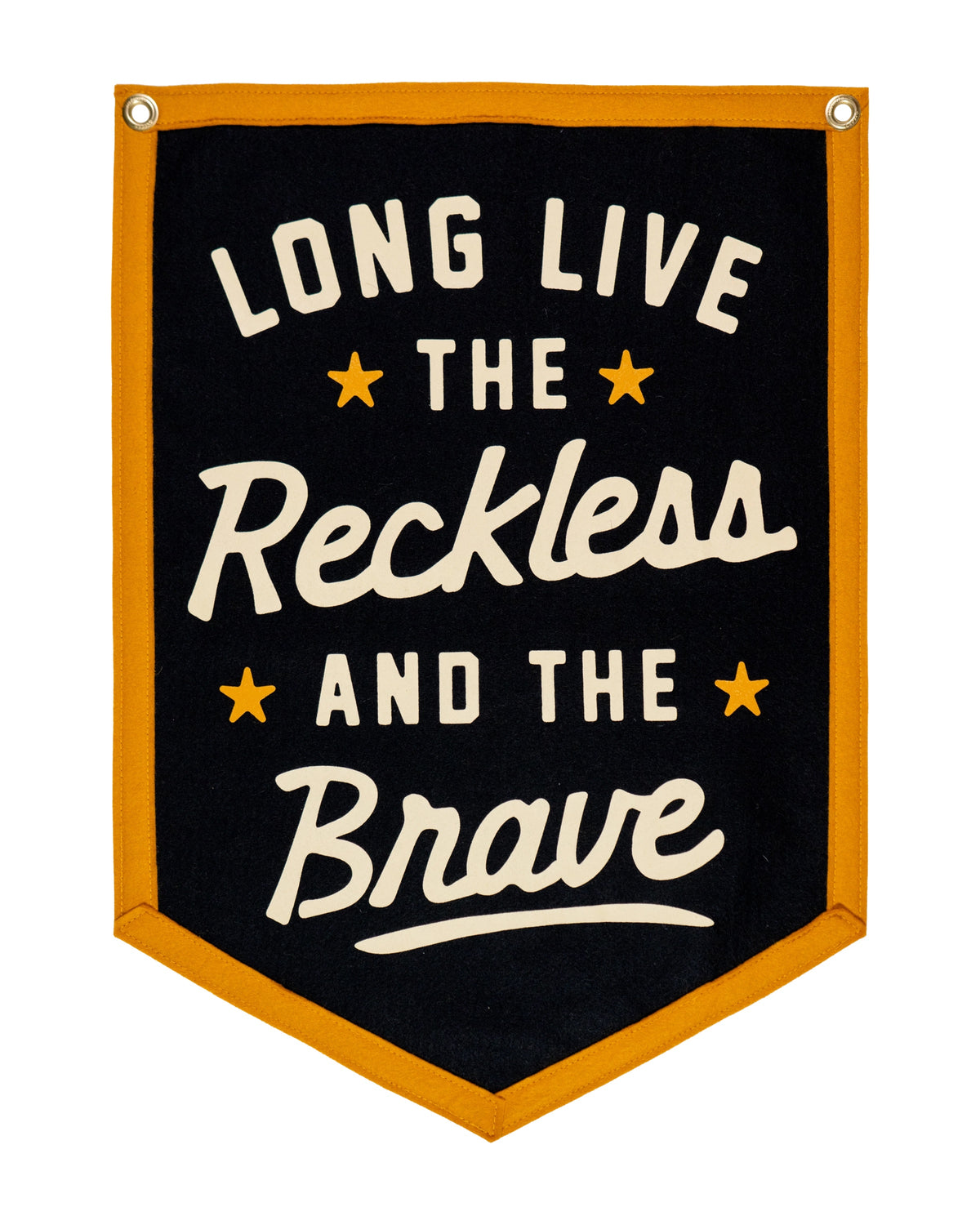 Black, gold, and cream camp flag by Faire featuring bold album-inspired typography, perfect for wall decor.