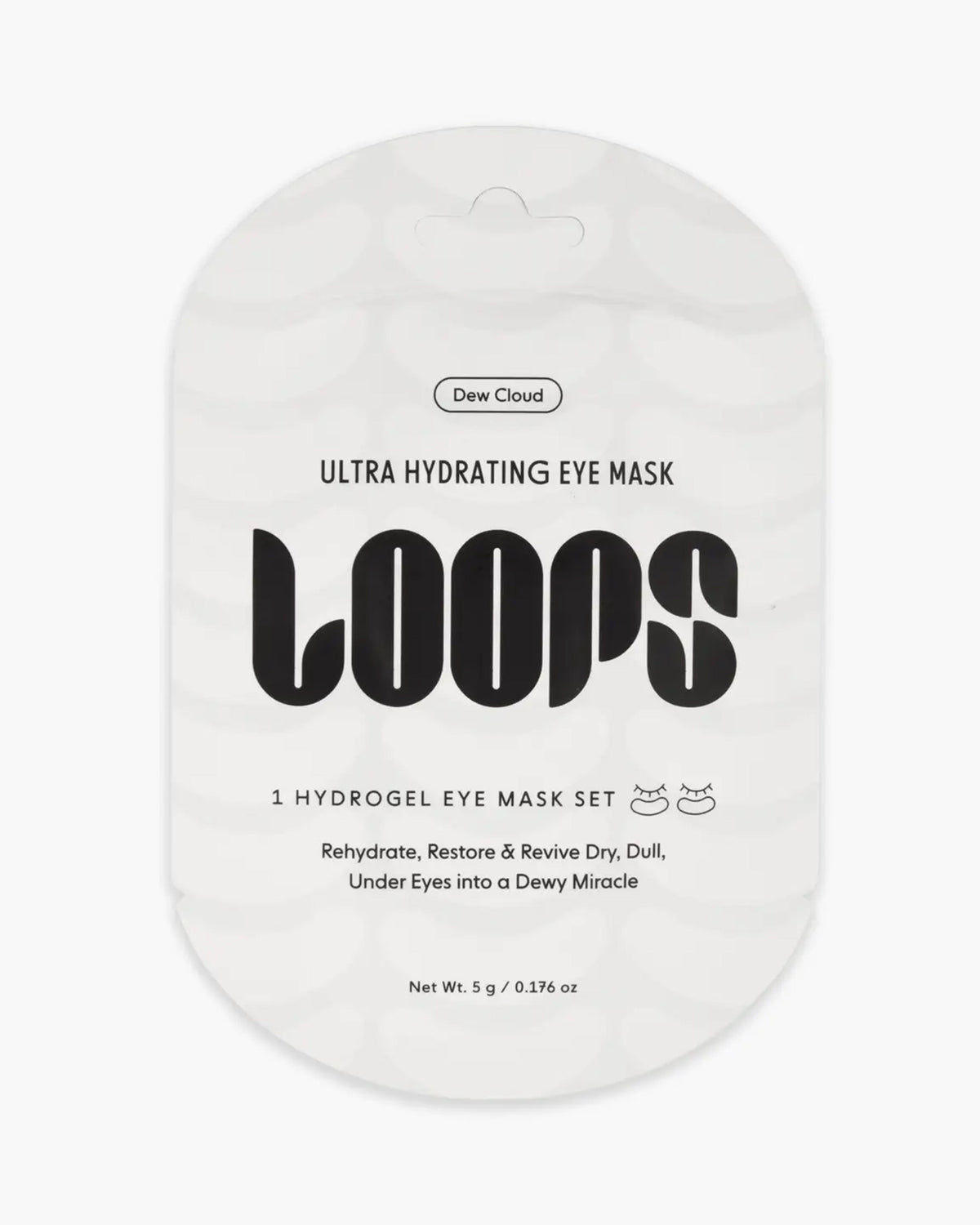 A white, oval packet labeled “Faire Dew Cloud Eye Mask” features 1 hydrating mask with Polyglutamic Acid and Snow Mushroom to revive under-eye skin. Net weight: 5g.