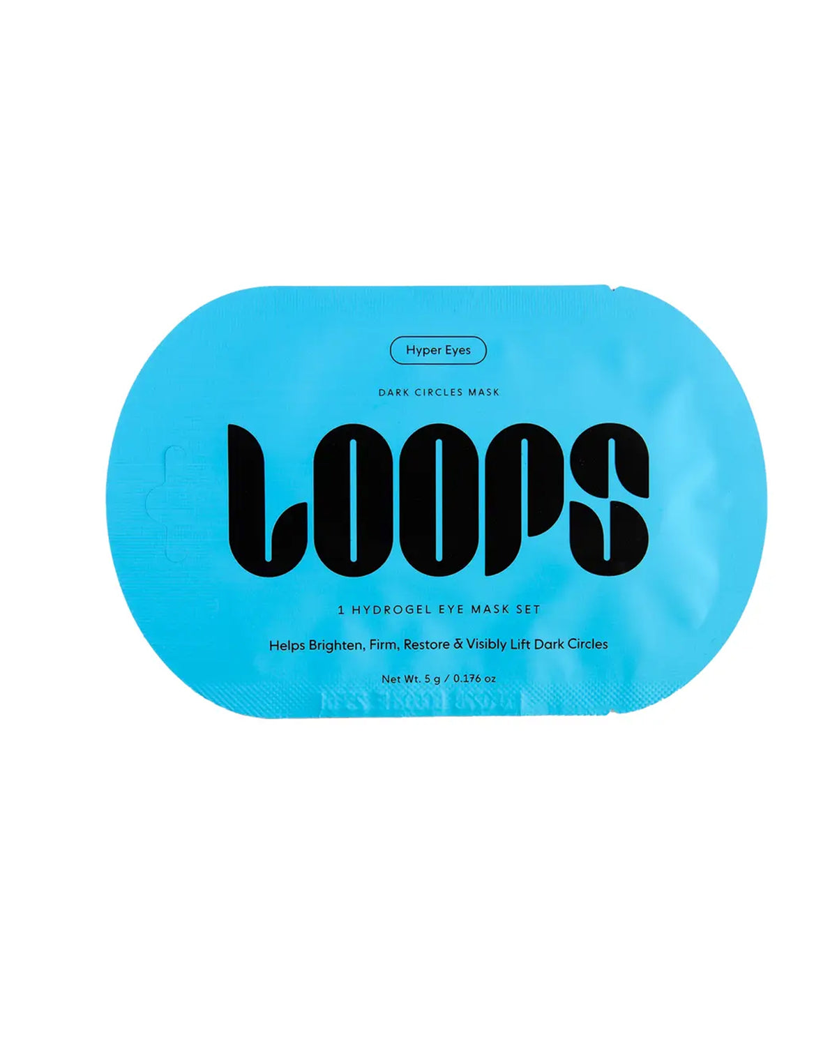 A blue, flat rectangular packet with rounded edges labeled "Hyper Eyes Mask" by Faire contains a hydrogel eye mask to brighten tired eyes, visibly lift dark circles, and help firm, restore, depuff, and refresh the under-eye area.
