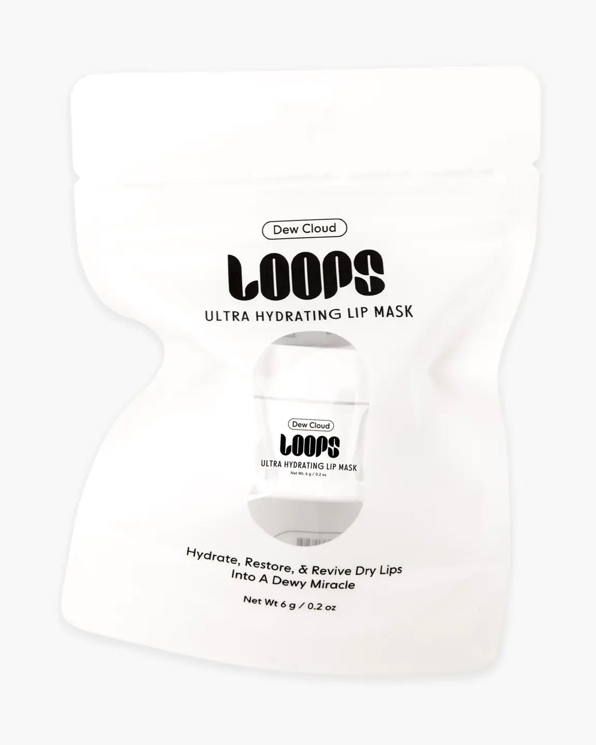A white resealable pouch labeled "Dew Cloud Mini Lip Mask" by Faire, featuring a small image of the lip mask container and text that reads, "Hydrate, Restore, & Revive Dry Lips Into A Dewy Miracle." The perfect ultra-moisturizing solution.