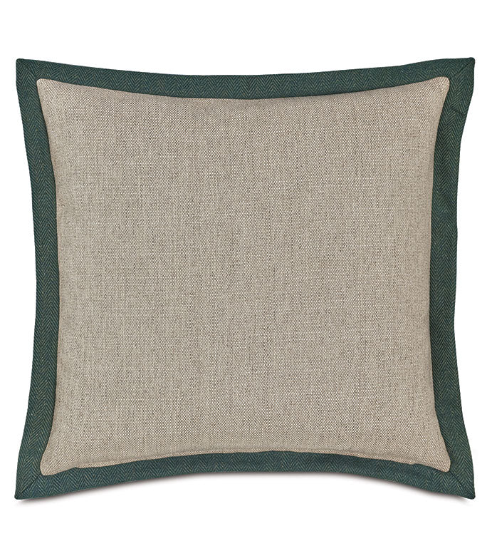 Lorenzo Woven Pillow 24x24 in beige with a dark teal herringbone border by Bungalow Furniture &amp; Accessories.