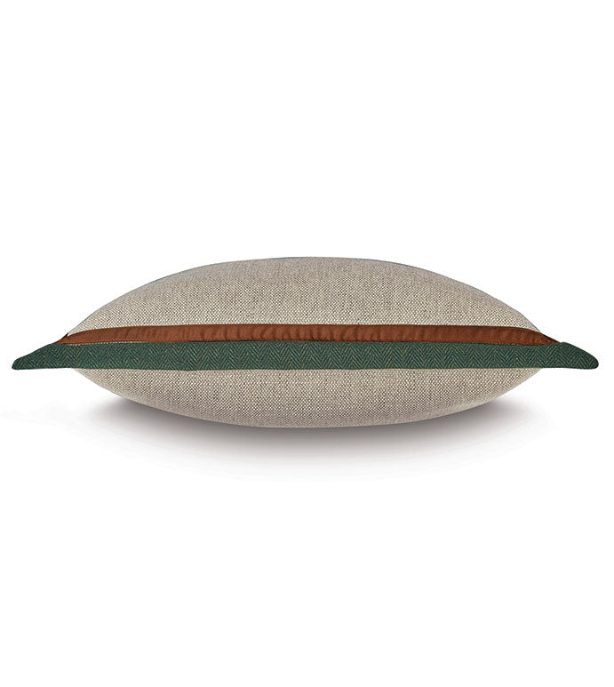 Lorenzo 24x24 woven pillow in light beige with a center brown stripe and dark green trim by Bungalow Furniture.