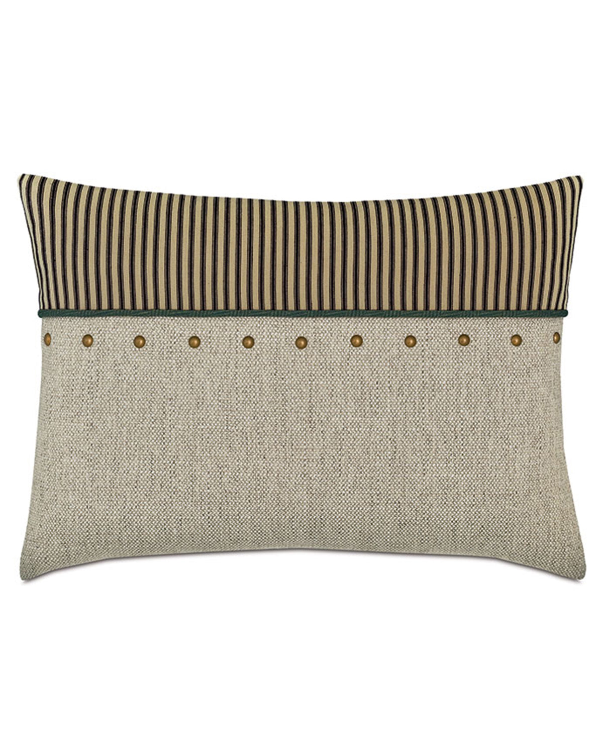 Lorenzo Pieced rectangular pillow by Bungalow featuring a tan textured bottom, ticking-stripe top, and emerald welt.