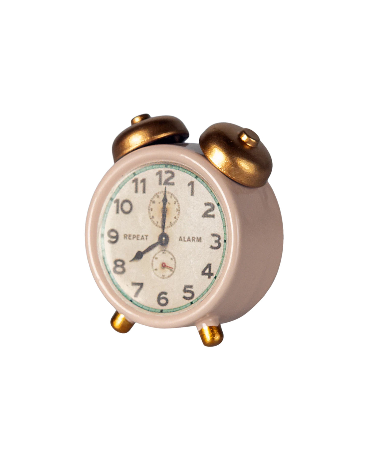 Pink and gold vintage-style Maileg alarm clock showing 12:00, by Maileg, on a white background.