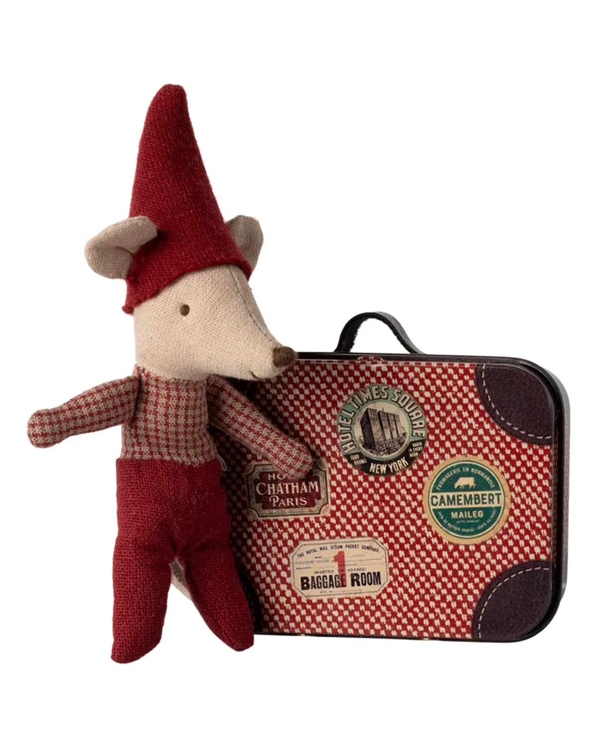 Maileg Christmas baby mouse in a checkered outfit and red hat, displayed with a vintage-style sticker travel suitcase.