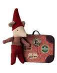 Maileg Christmas baby mouse in a checkered outfit and red hat, displayed with a vintage-style sticker travel suitcase.