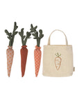 The Maileg Carrots in Bag set features three patterned fabric carrots with green tops and a small beige tote bag embroidered with a carrot, perfect for imaginative play.