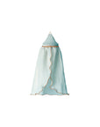 The Maileg Canopy Bed by Maileg features a light blue, conical-top canopy with wavy brown trim, ideal for bedroom decor. It hangs from a small top loop and is shown against a white background.