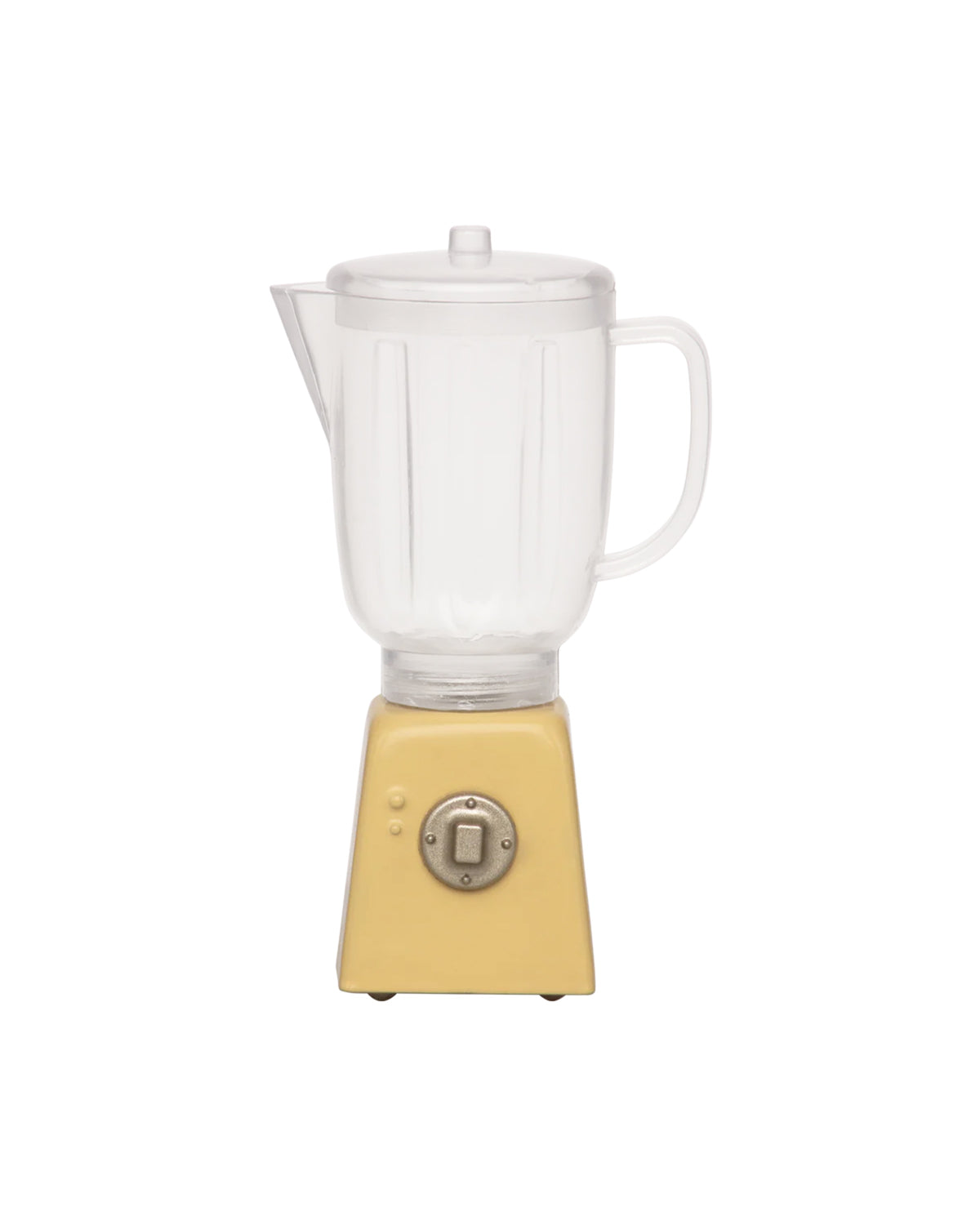 The Maileg Blender by Maileg is a vintage-style miniature with a transparent pitcher, white lid, and yellow base with a round dial—ideal for bunny kitchens or rabbit toy sets—displayed against a plain white background.