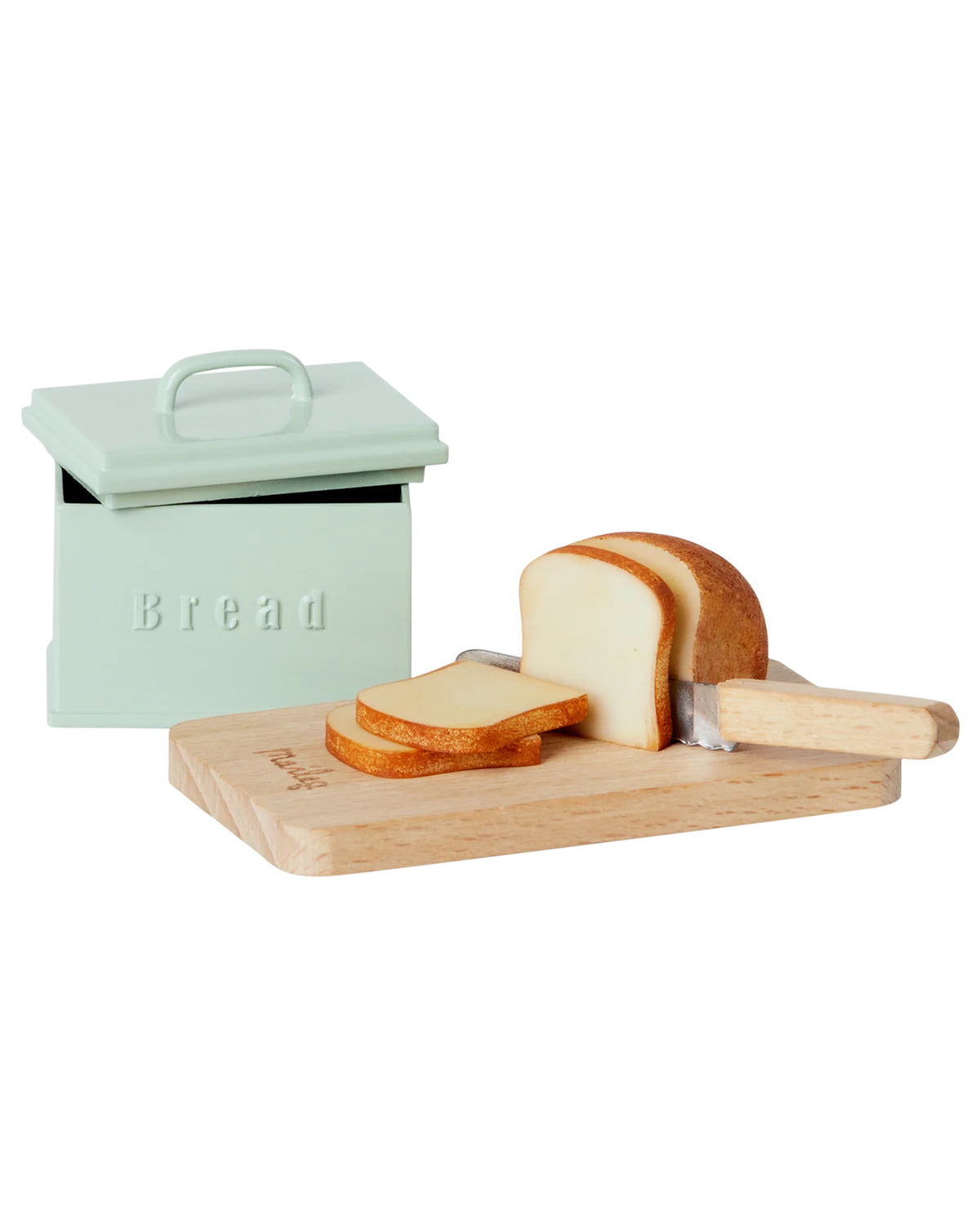 The Maileg Bread box w. utensils by Maileg features a miniature box labeled "Bread," complete with a wooden cutting board, toy loaf, sliced bread, and a toy knife—ideal as a charming dollhouse accessory.