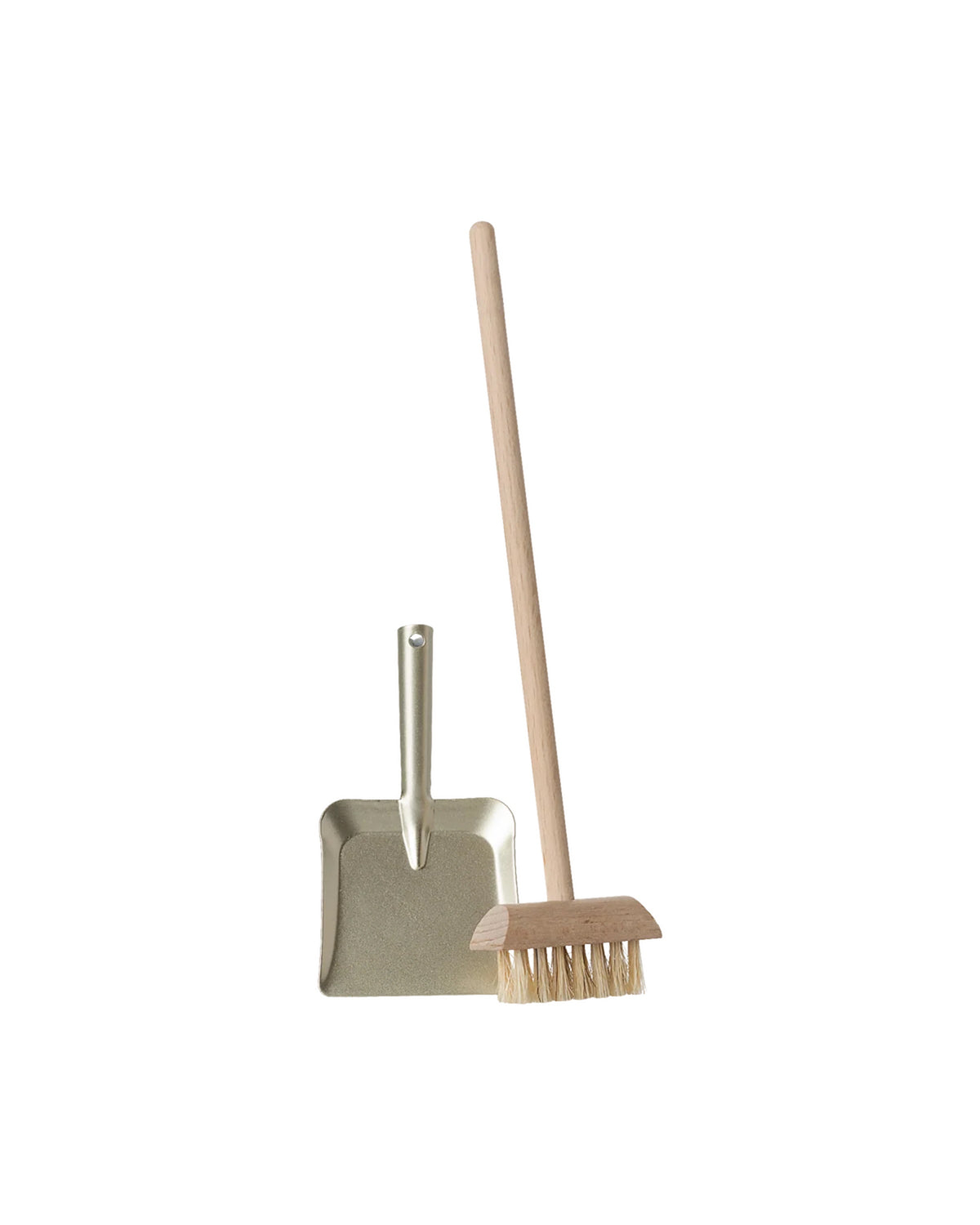 Metal dustpan and wooden-handled brush from Maileg Broom Set on white background by Bungalow Furniture & Accessories.