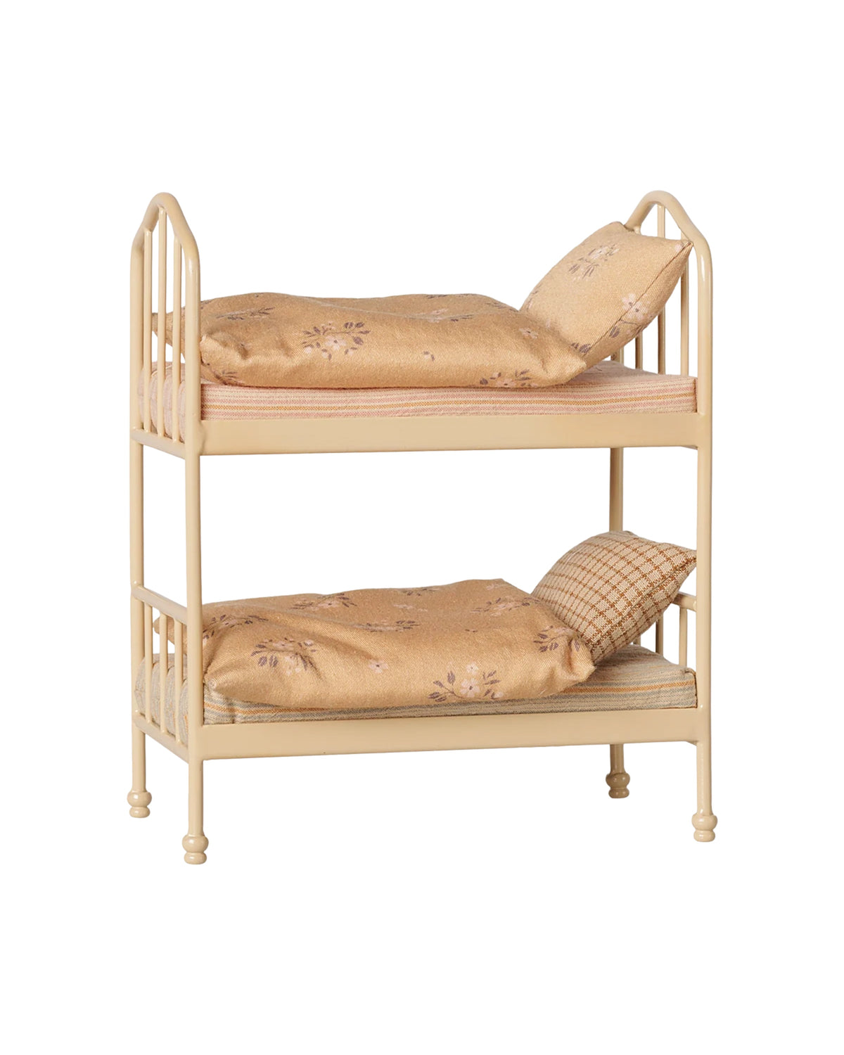 Maileg mouse bunk bed in wheat with floral bedding, pillows, and striped mattresses.