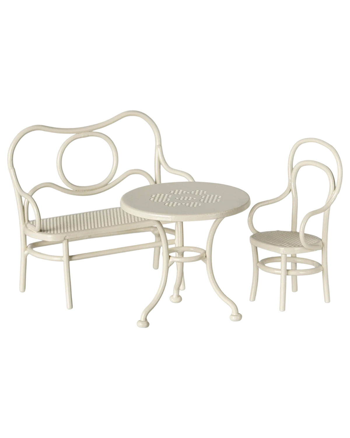 White metal bench, round table, and chair with curved designs from Maileg Café Set Small at Bungalow Furniture & Accessories.