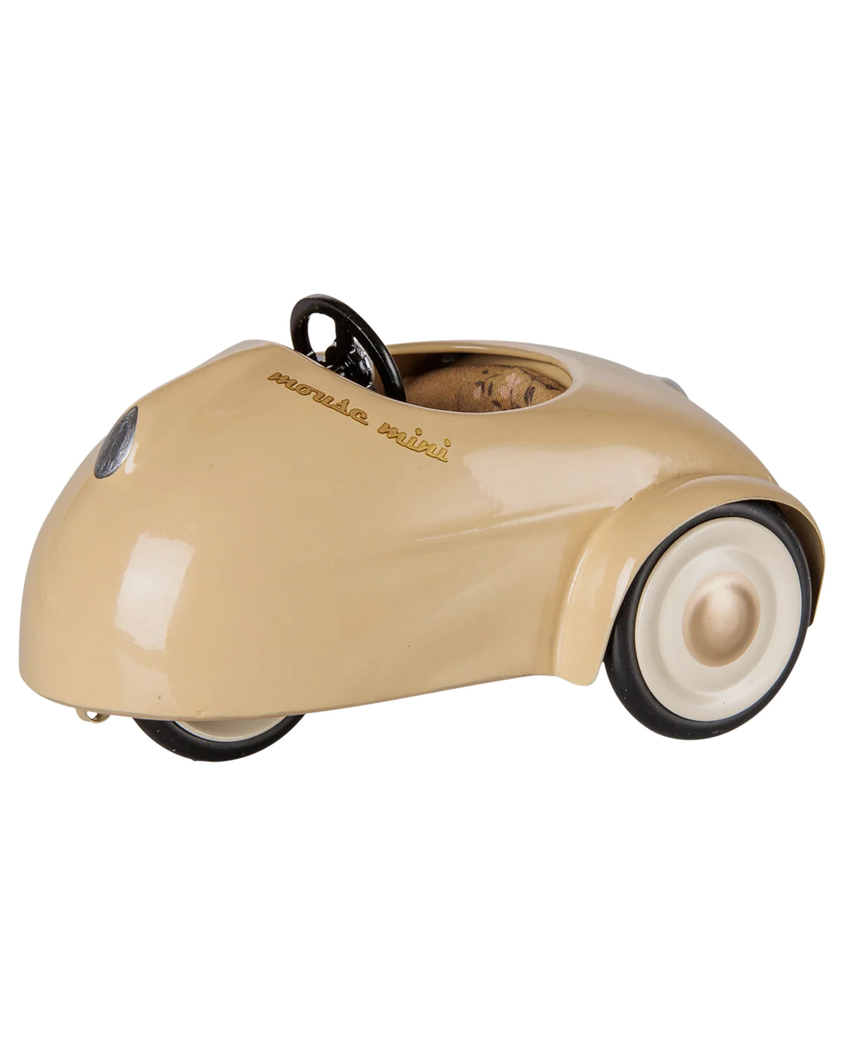 Maileg mouse pull-along car in wheat with black steering wheel and cream wheels.
