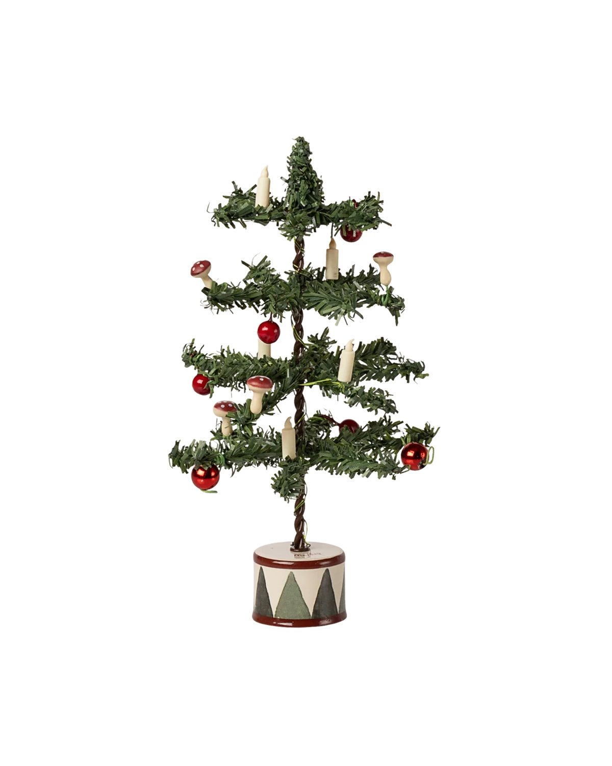 Maileg Christmas tree with miniature candles, red ornaments, and mushrooms in a patterned base.