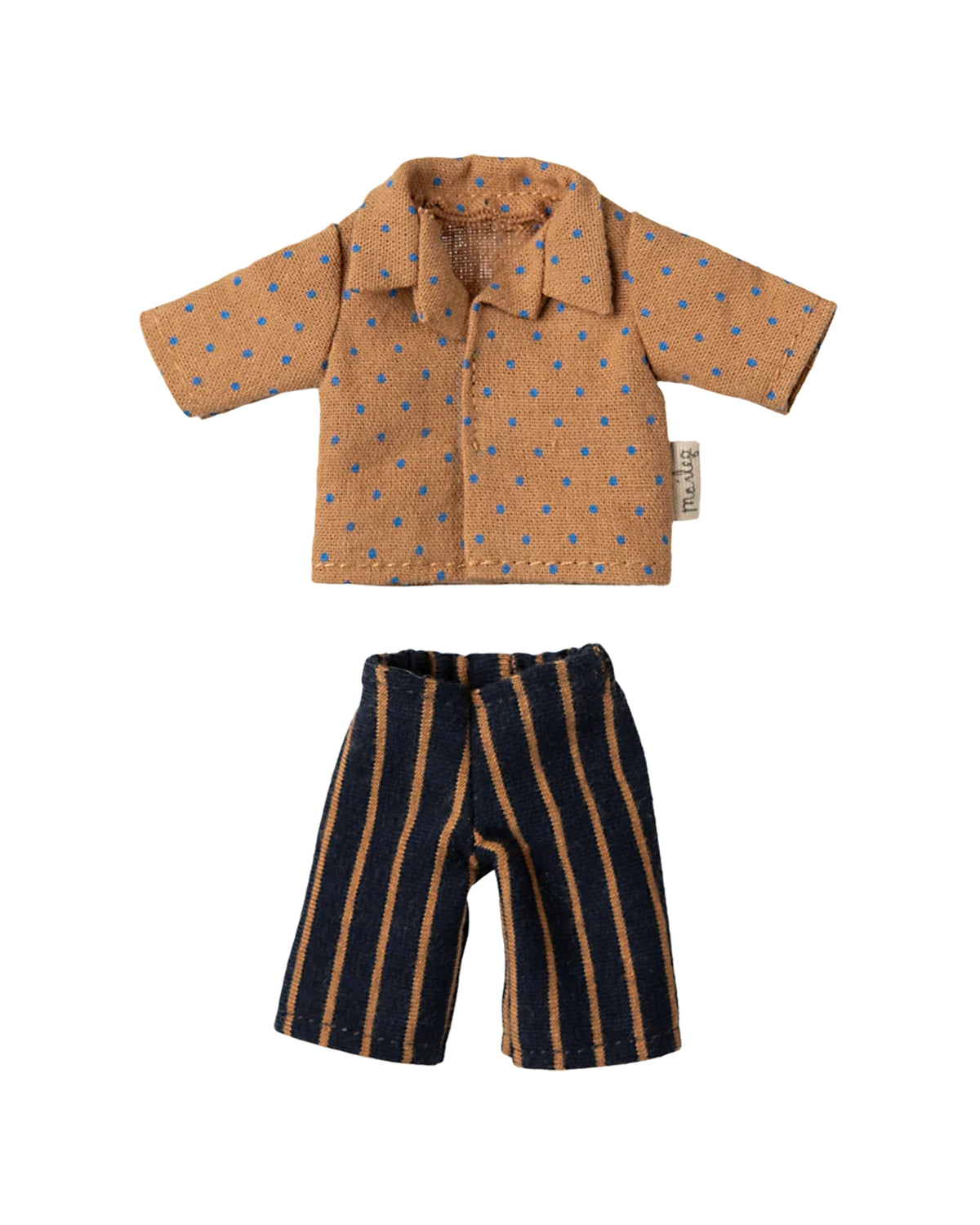 Dad Mouse outfit with striped pants and shirt, Maileg brand, flat lay on white background.
