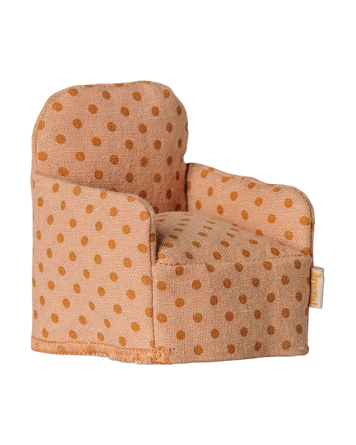 Maileg mouse folding chair in peach fabric with an orange polka dot pattern.