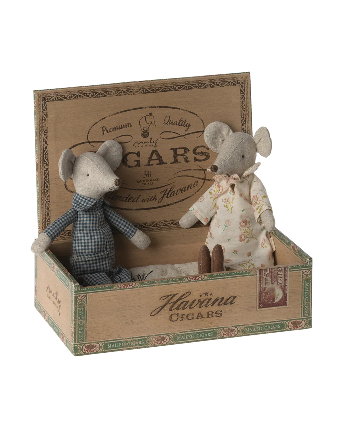 Maileg Grandma and Grandpa dolls in patterned outfits nestled in a vintage-style cigar box by Bungalow.