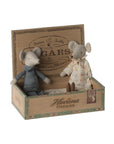 Maileg Grandma and Grandpa dolls in patterned outfits nestled in a vintage-style cigar box by Bungalow.
