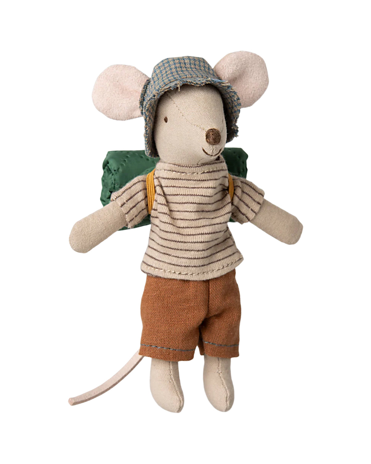 Maileg Hiker Mouse wears a striped shirt, brown shorts, bucket hat, and green backpack, Bungalow Furniture & Accessories.