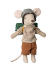 Maileg Hiker Mouse wears a striped shirt, brown shorts, bucket hat, and green backpack, Bungalow Furniture & Accessories.