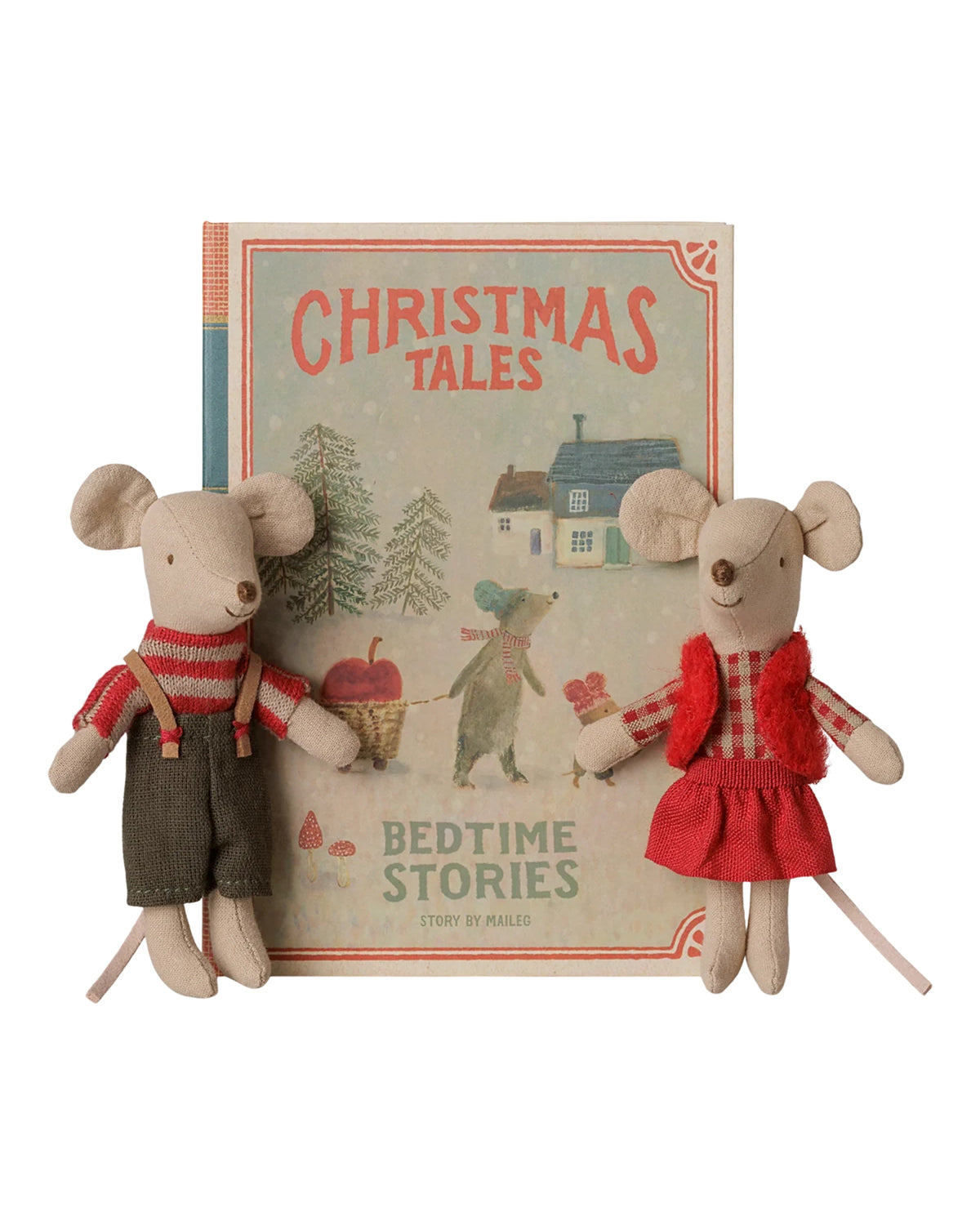 Maileg Christmas twin mice in festive red and green clothing posed in front of a Christmas Tales storybook.