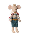 The Maileg Royal Mouse by Maileg is a plush toy dressed in a gold crown, blue checkered shirt, teal shorts, and red royal cape with white trim, standing upright against a white background.