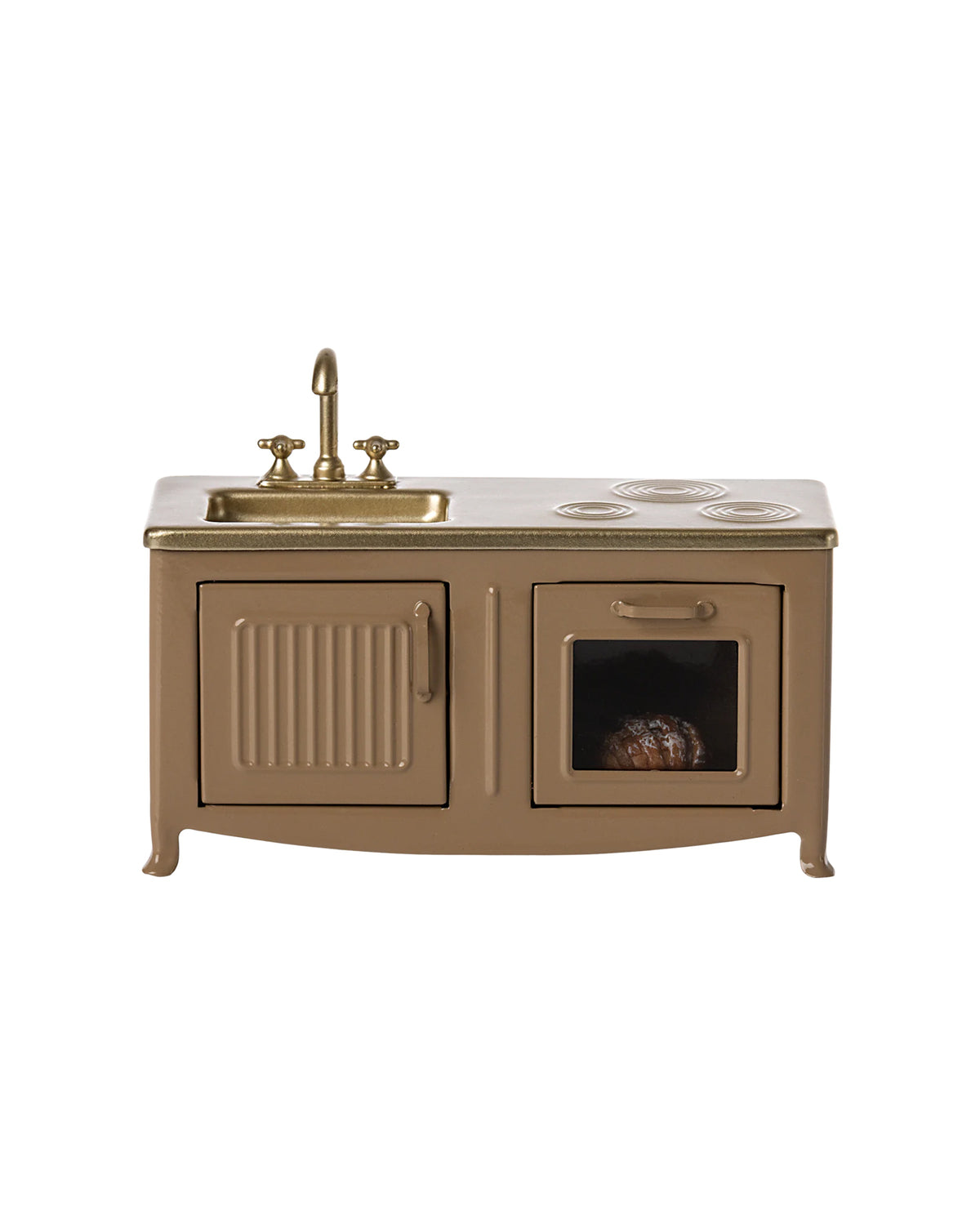 The Maileg Kitchen is a miniature brown dollhouse set featuring a sink, faucet, two stove burners, an oven with a clear door, and a cabinet—great for kitchen play or as mouse family accessories—shown on a white background.