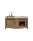 The Maileg Kitchen is a miniature brown dollhouse set featuring a sink, faucet, two stove burners, an oven with a clear door, and a cabinet—great for kitchen play or as mouse family accessories—shown on a white background.