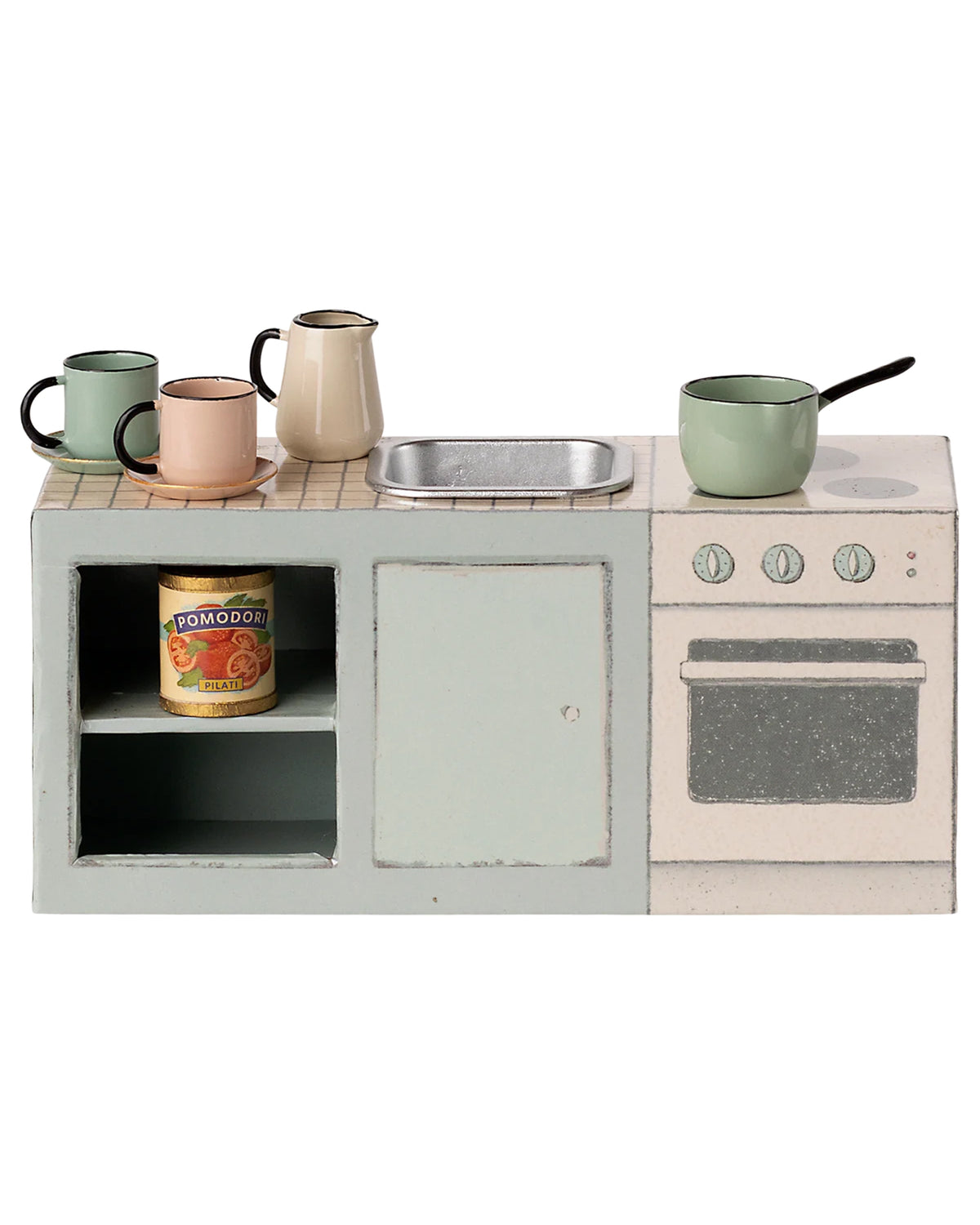 The Maileg Kitchen Counter by Maileg features a miniature mouse kitchen set with sink, stovetop, oven, shelf with a canned good, and four pastel cups and pots arranged on the counter—perfect for charming pretend play.