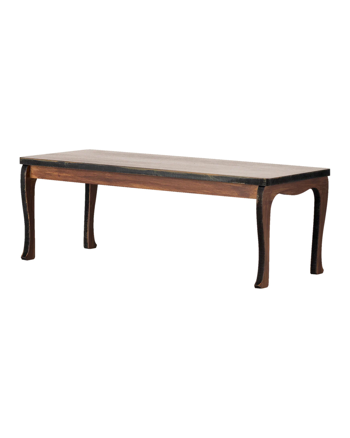 The Maileg Long Dining Table is a wooden rectangular table with four slightly curved legs, finished in dark brown with a simple, classic design—ideal as mouse furniture for any dollhouse miniature setting.