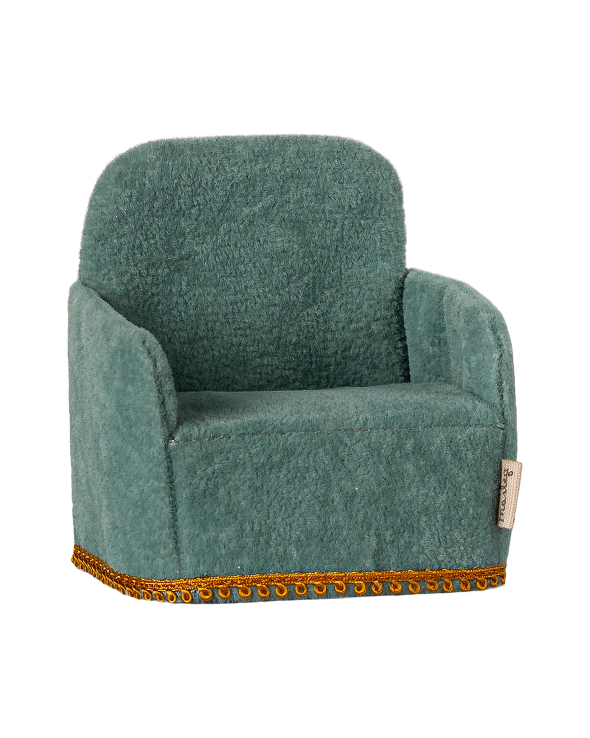 Green Maileg folding chair with gold trim, child-sized; perfect for playrooms or kids’ spaces at Bungalow Furniture.